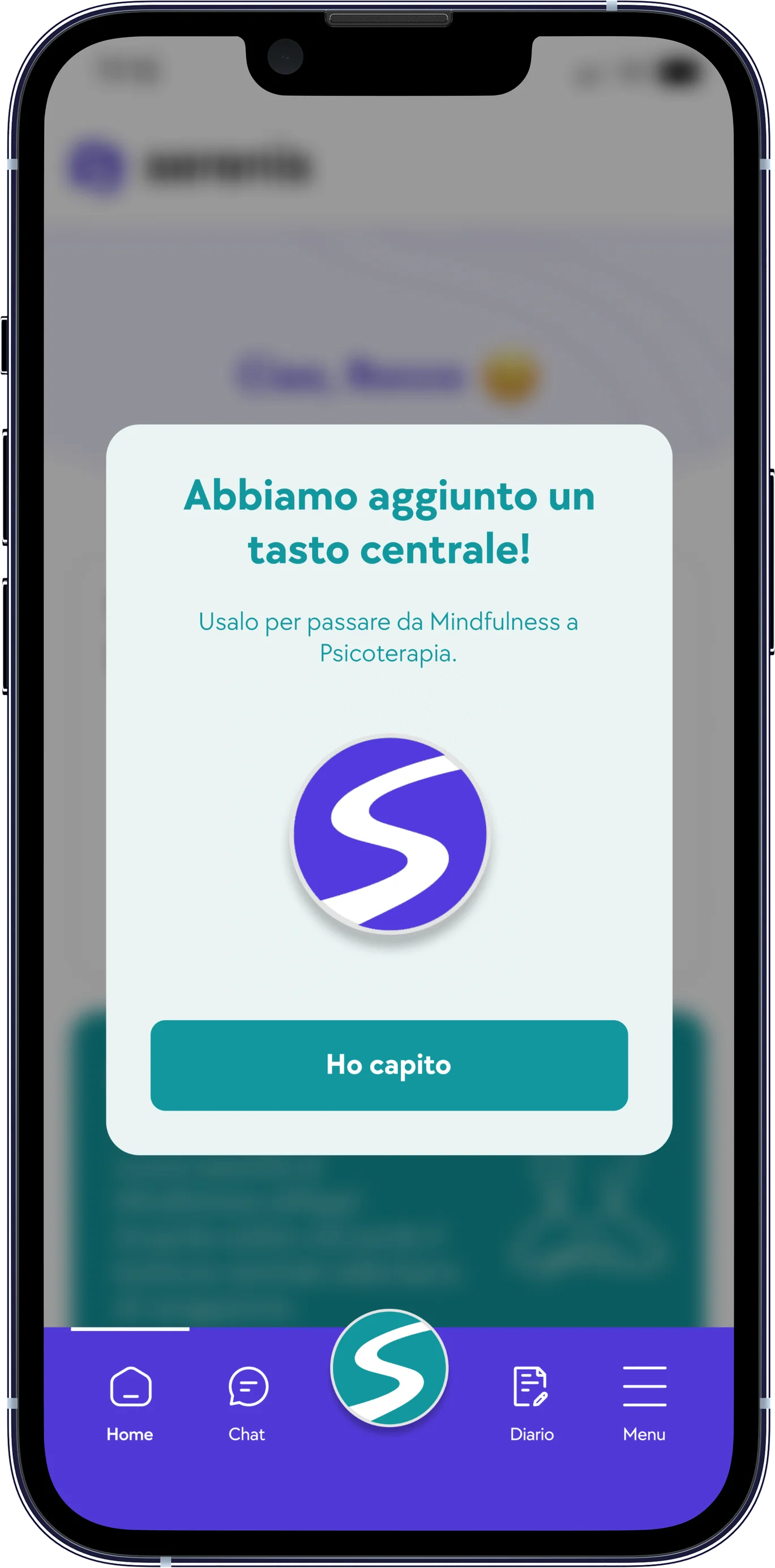 Mockup Serenis con popup del nuovo tasto centrale