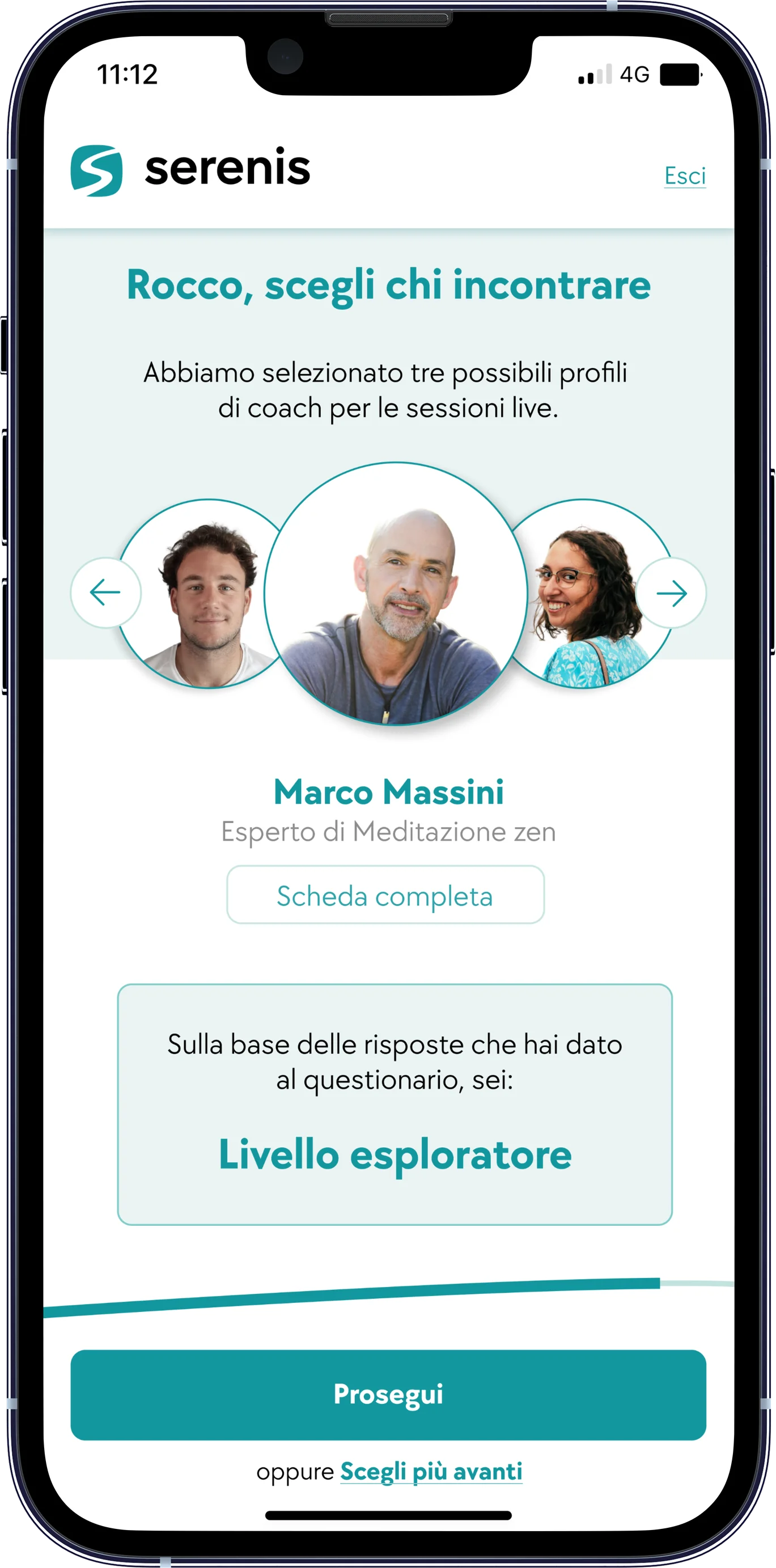 Schermata di selezione coach e assegnazione del livello nell'app Serenis
