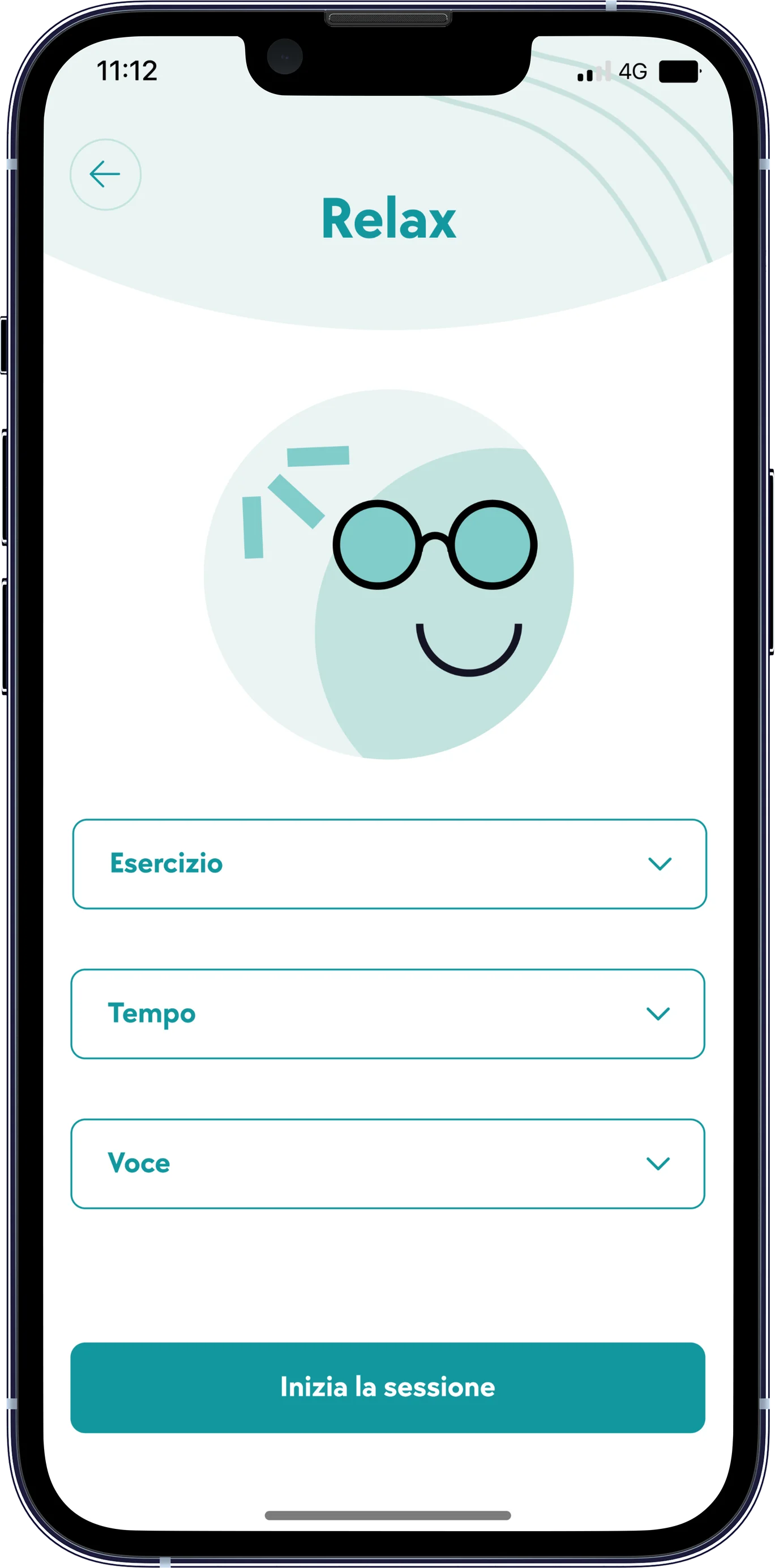 Schermata categorie sessioni dell'app Serenis con selezione del focus di esercizio