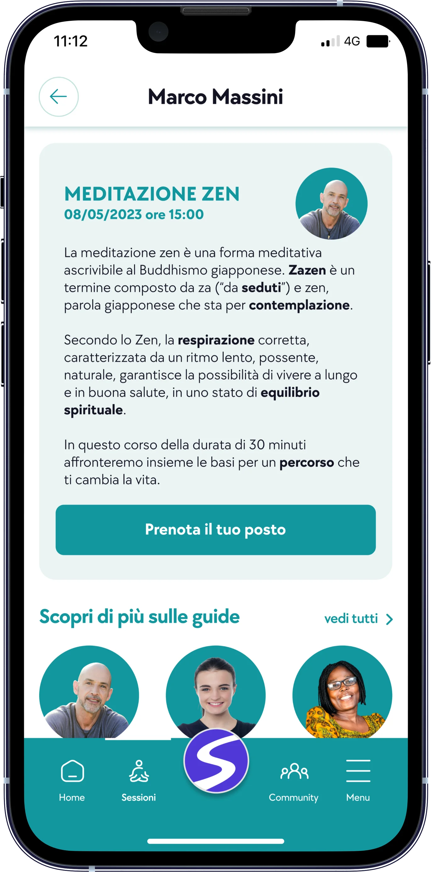 Schermata del dettaglio sessione meditazione zen con guida e prenotazione