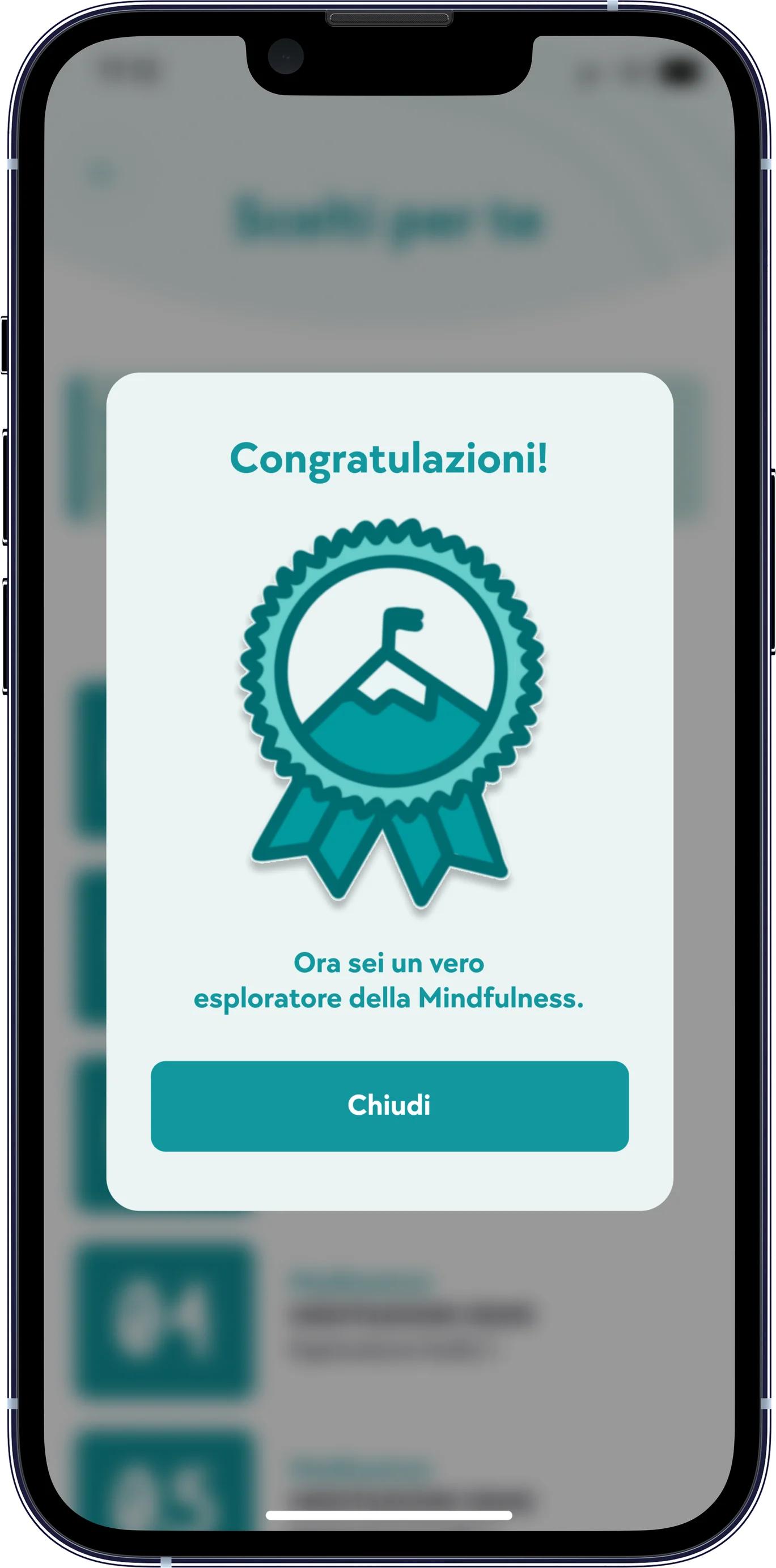 Modale di achievement nell'app Serenis con congratulazioni per il completamento del livello