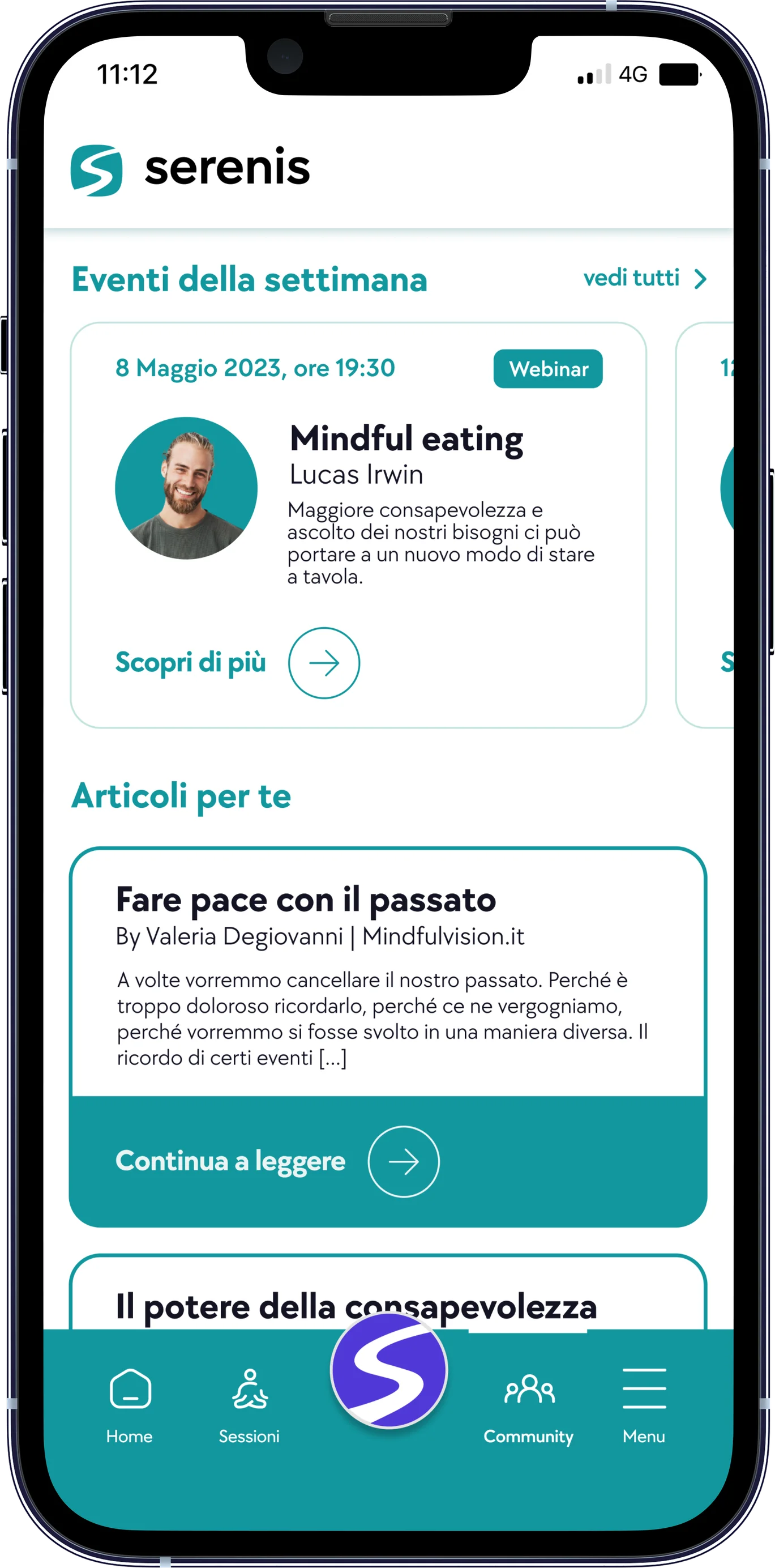 Mockup Serenis con eventi e articoli della community