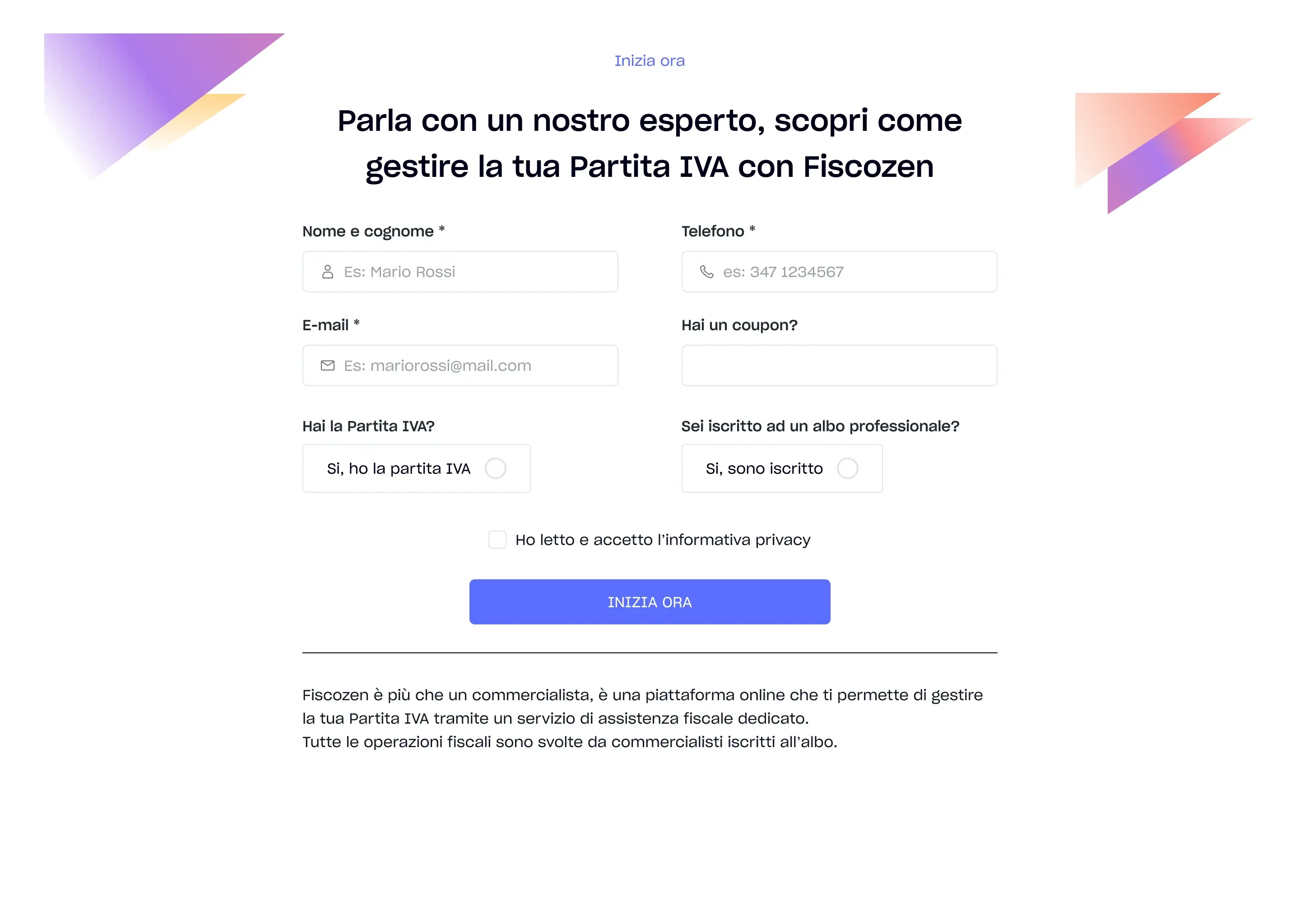 Form di engagement presente sul sito Fiscozen: cinque campi, CTA 'Inizia ora'.