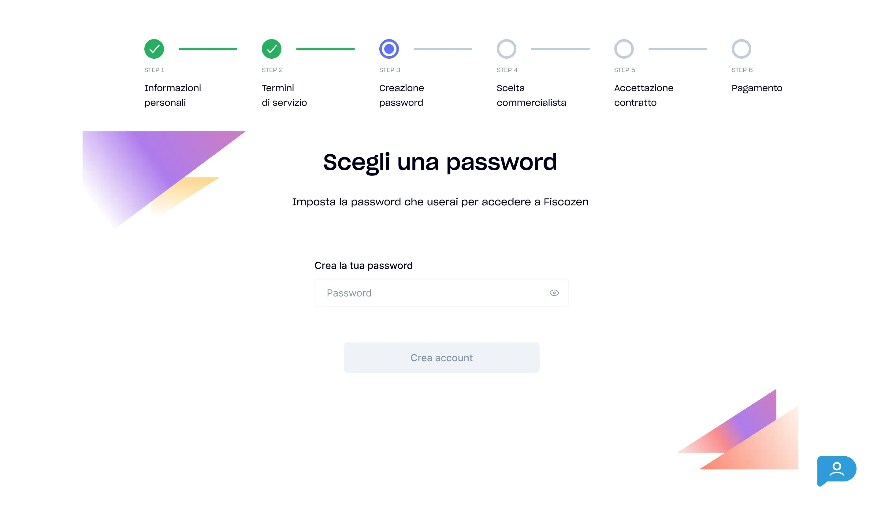 Wizard step 3: creazione password con campo singolo e CTA 'Crea account'.