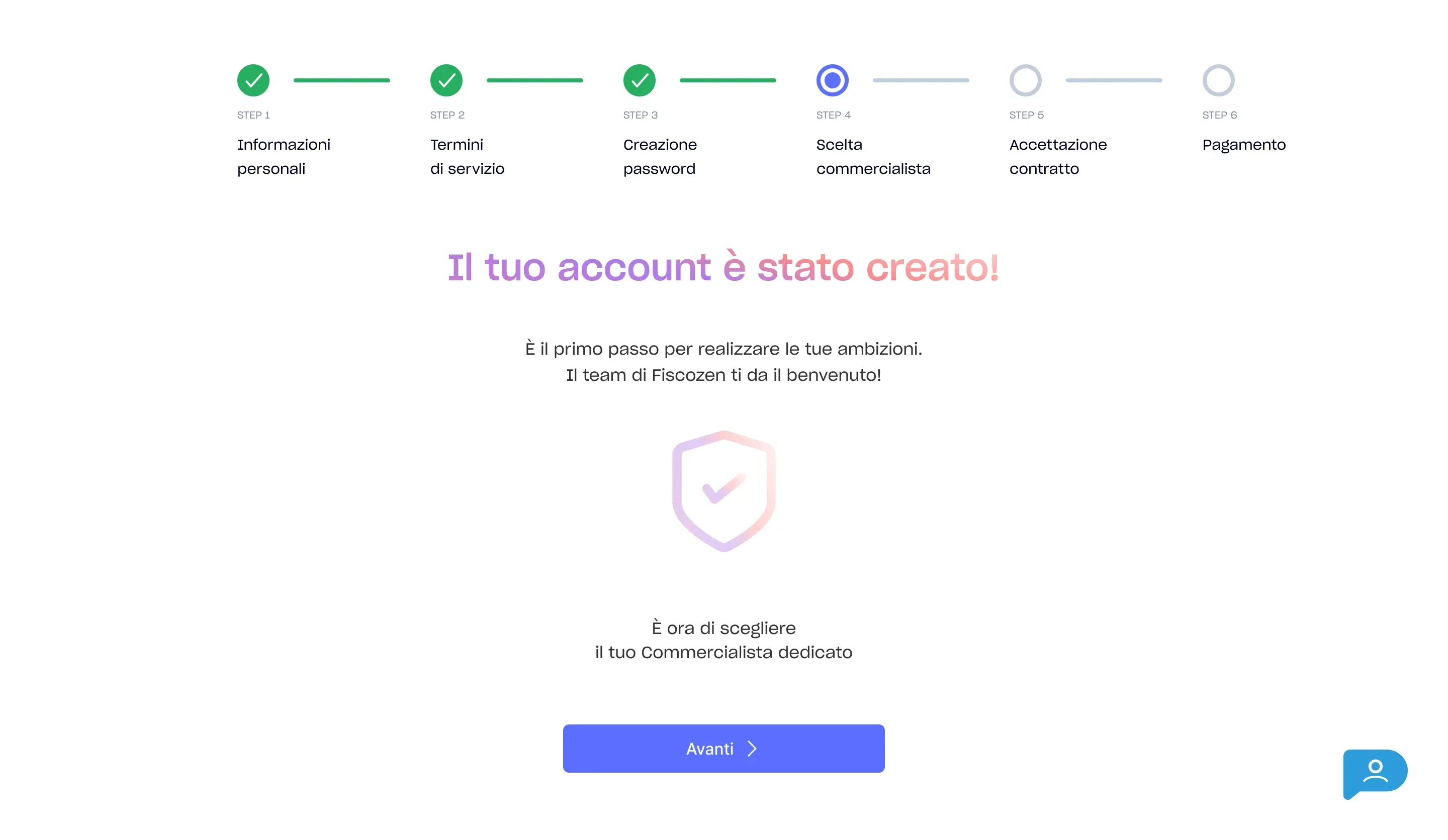 Interstitial tipografico tra creazione account e scelta commercialista.