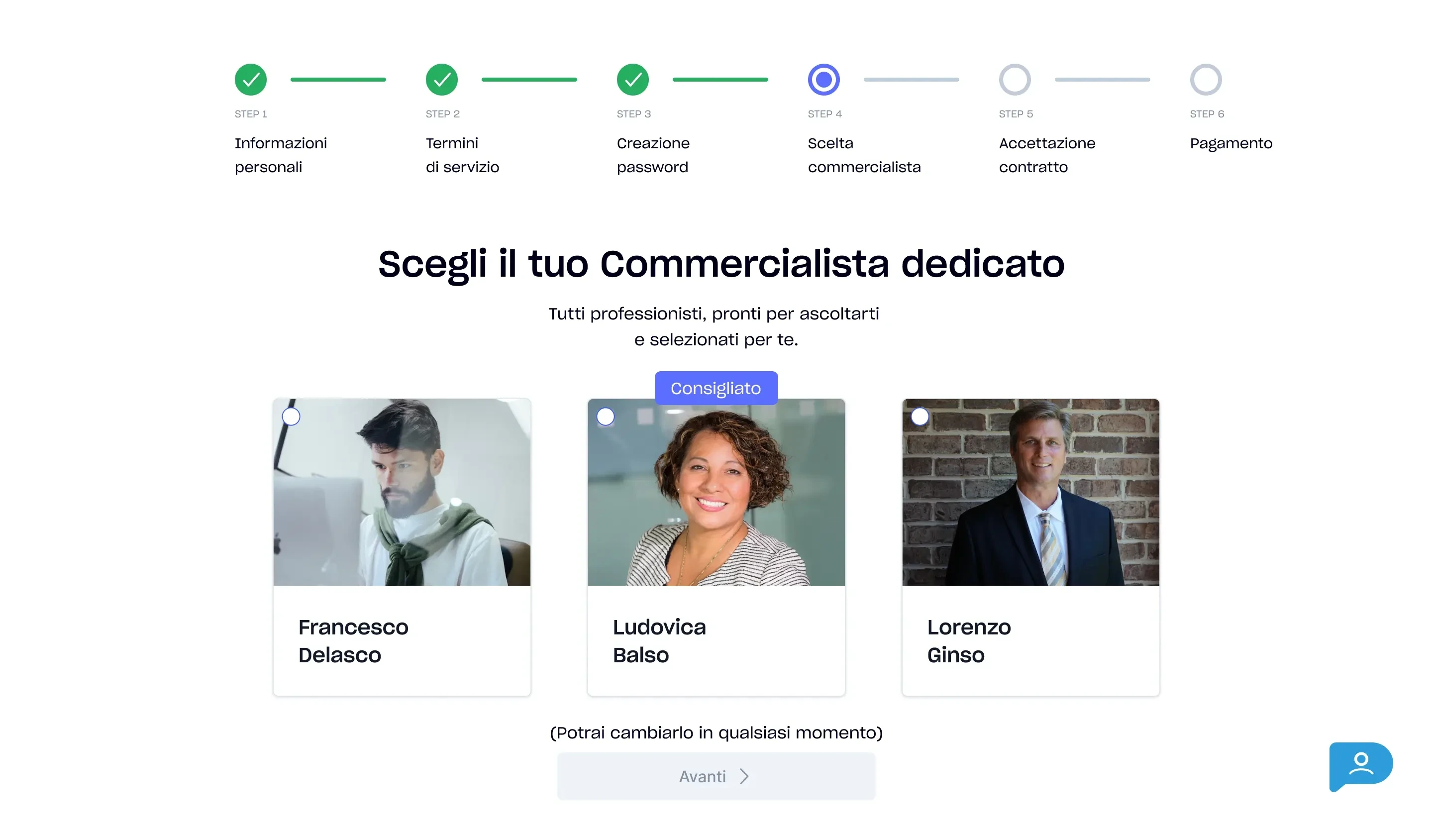 Wizard step 4: tre commercialisti con foto e descrizione, uno marcato 'Consigliato'.