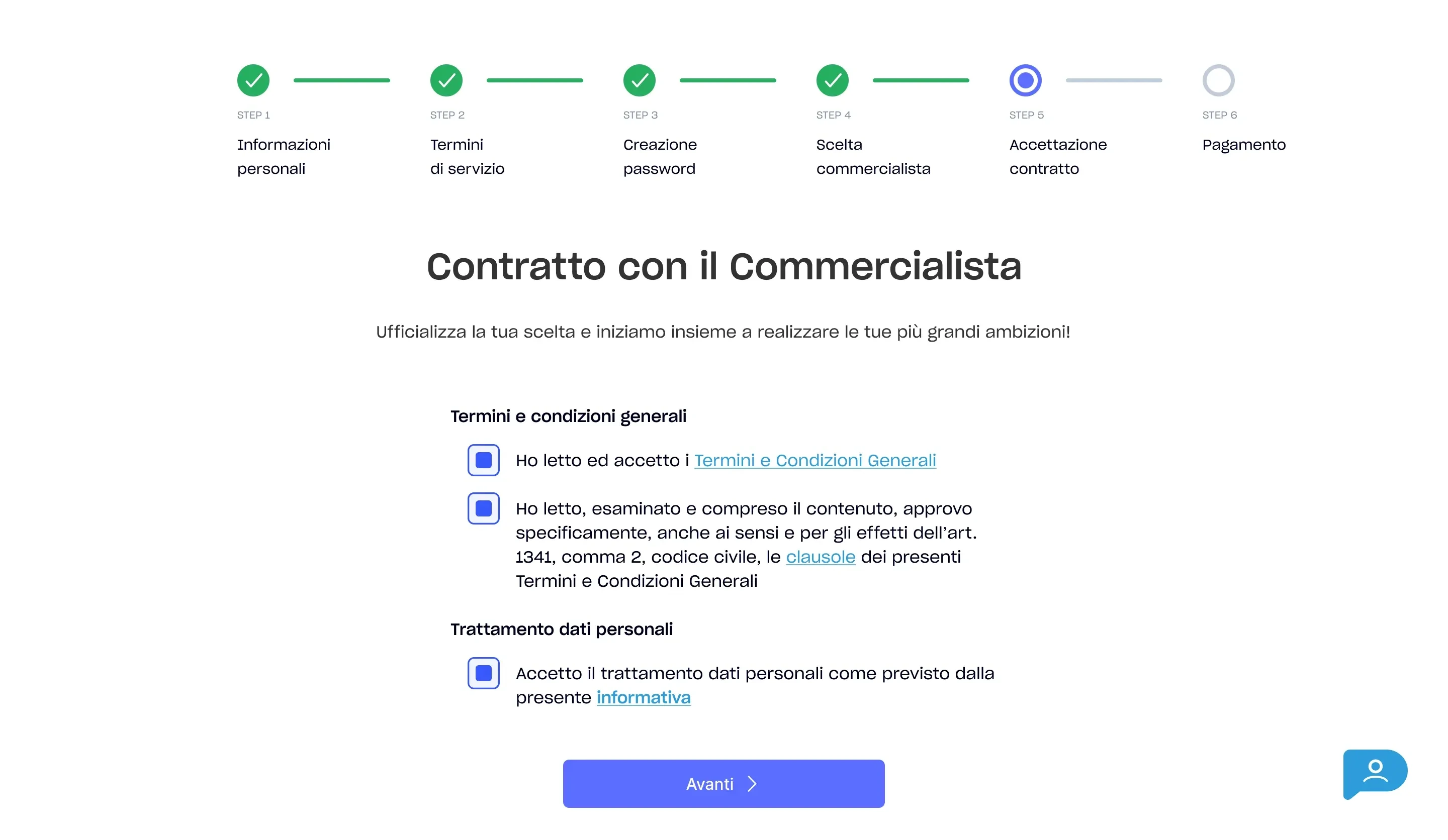 Wizard step 5: contratto con il commercialista in spunte chiare.