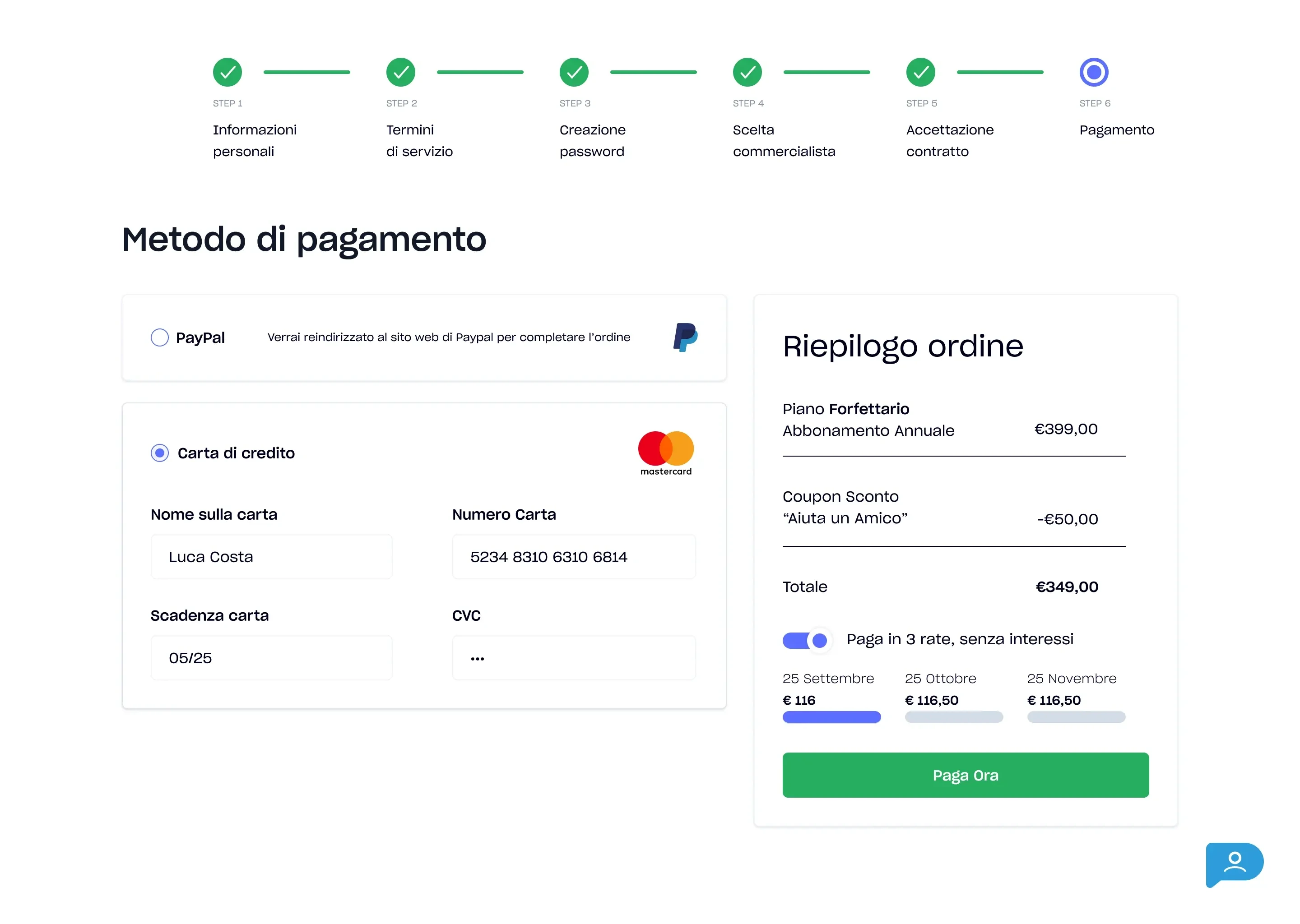 Wizard step 6: metodo di pagamento con PayPal/Carta, riepilogo ordine, rateizzazione esplicita.