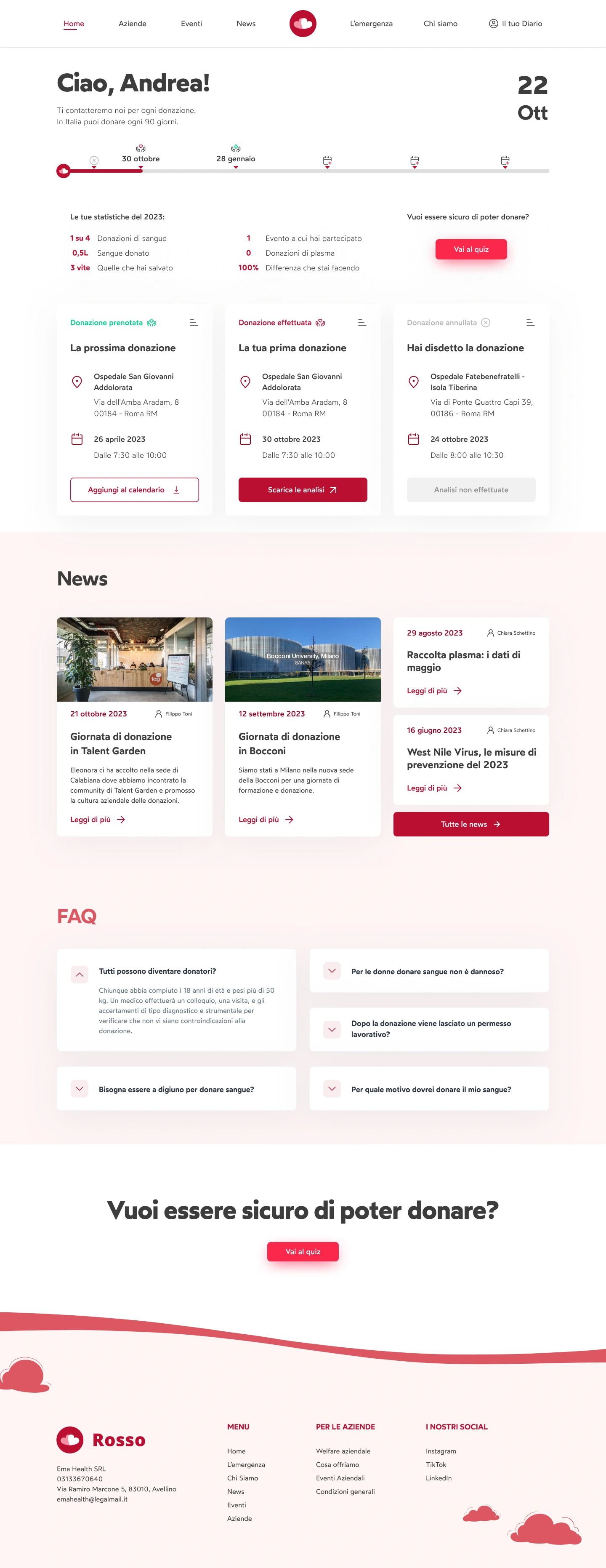 Diario donazioni Rosso dalla pagina Visuals con prenotazioni, storico e prossima donazione.