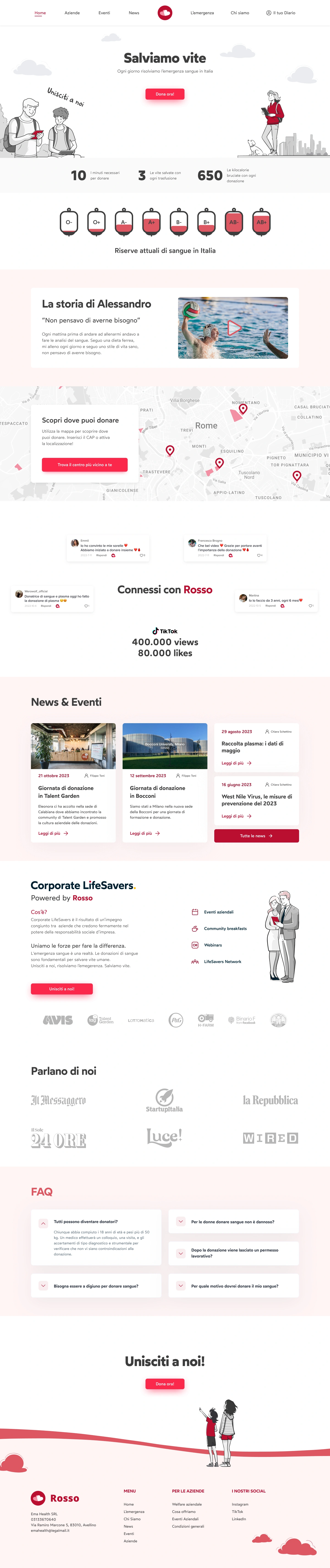 Homepage del concept Rosso dalla pagina Visuals: missione, call to action e accesso al percorso di donazione.